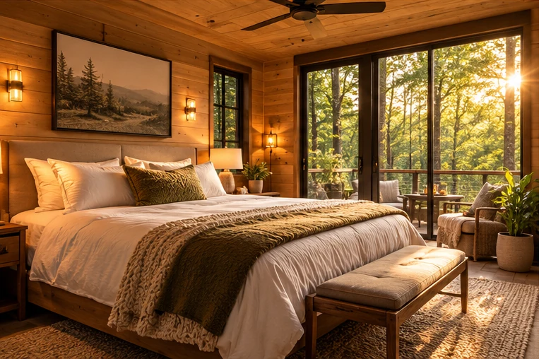 Illustrative woodland cabin scene