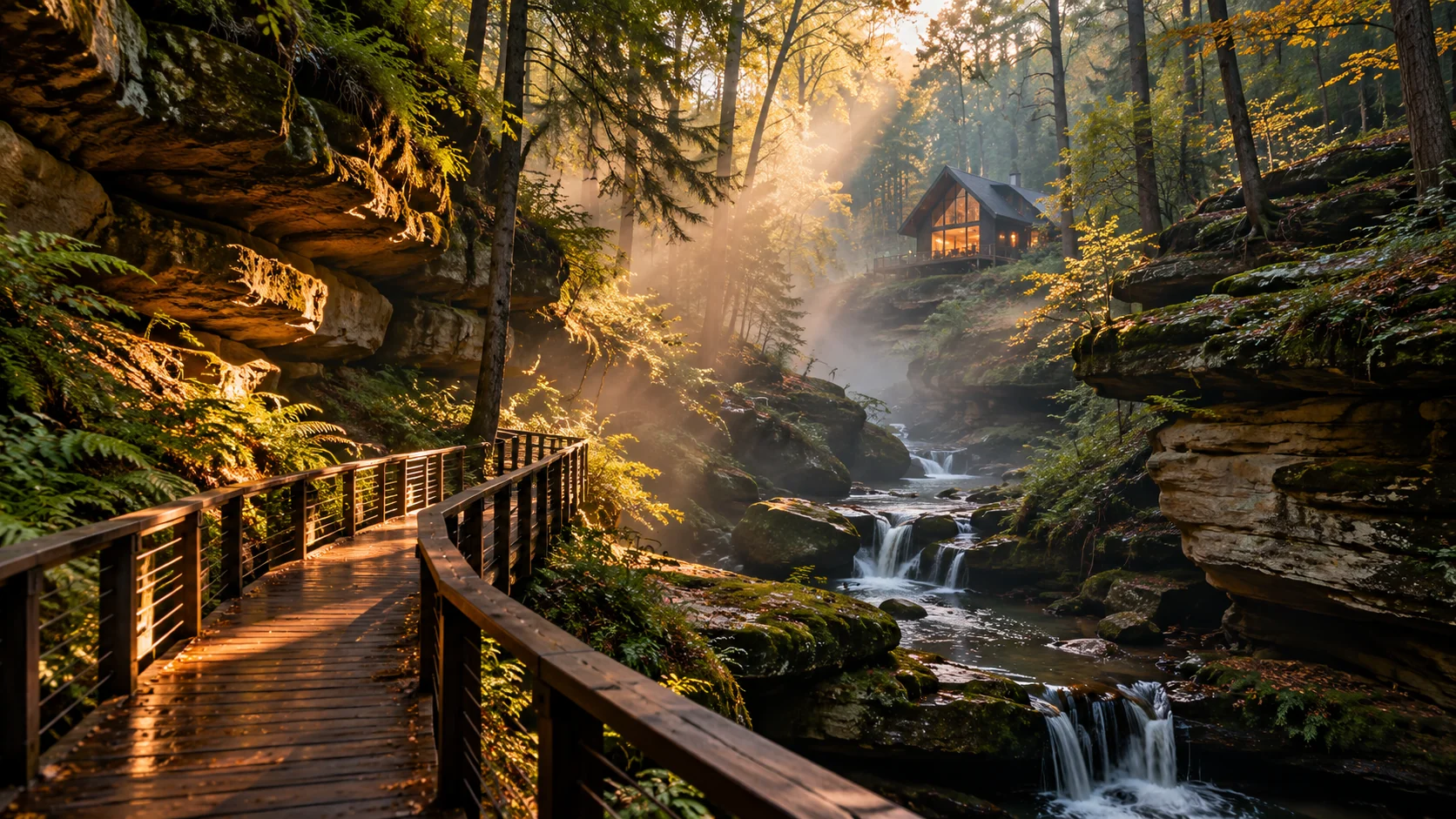 Illustrative forest boardwalk beside a rocky gorge and woodland cabin